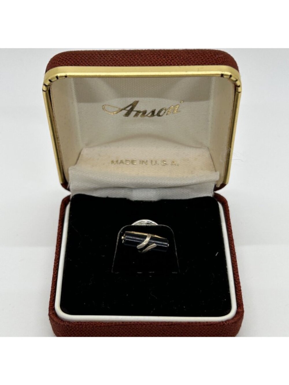 Vintage Anson Black Acrylic Abstract Wrap Mens Tie Tack Chain Original Box READ - Picture 2 of 8